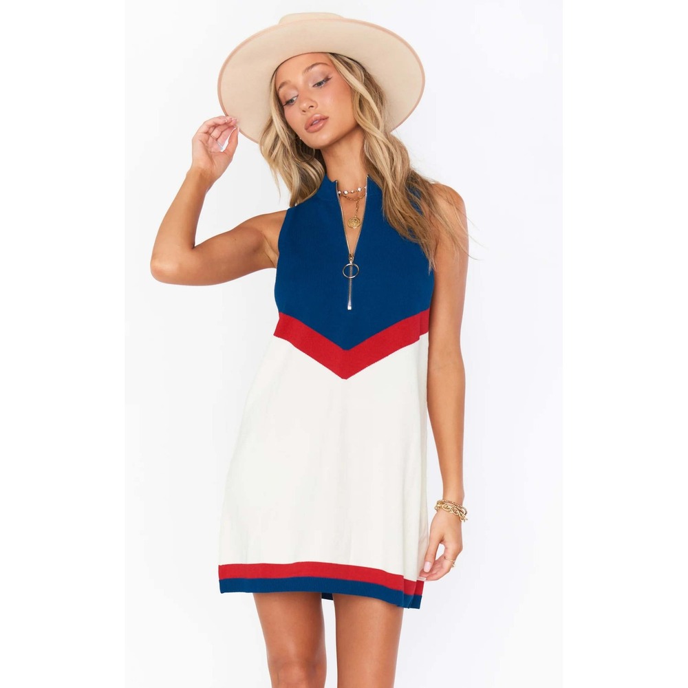 Show Me Your Mumu Zoe Zip Dress USA Chevron Knit XS Colorblock Retro Nautical